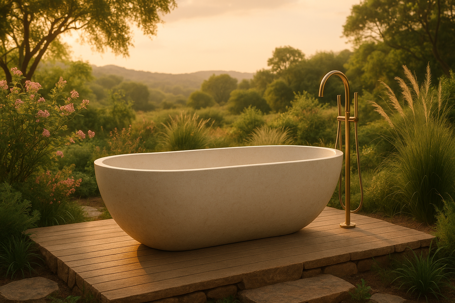 create a image with a bath tub in a calm scenice outdoor scene